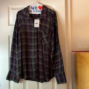 Free people plaid over sized button down shirt size L nwt